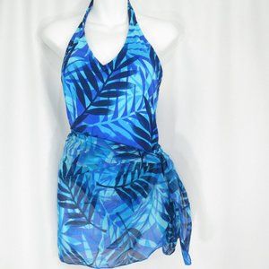Jantzen Tankini 3 Piece Swim Suit Skirt Scarf Wrap Blue Palm Leaves Summer 12